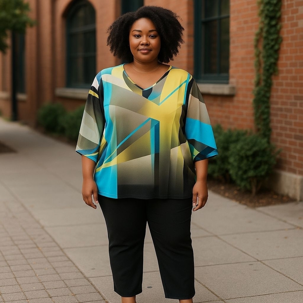 JM Collection Blue and Yellow Graphic Blouse Relaxed Fit